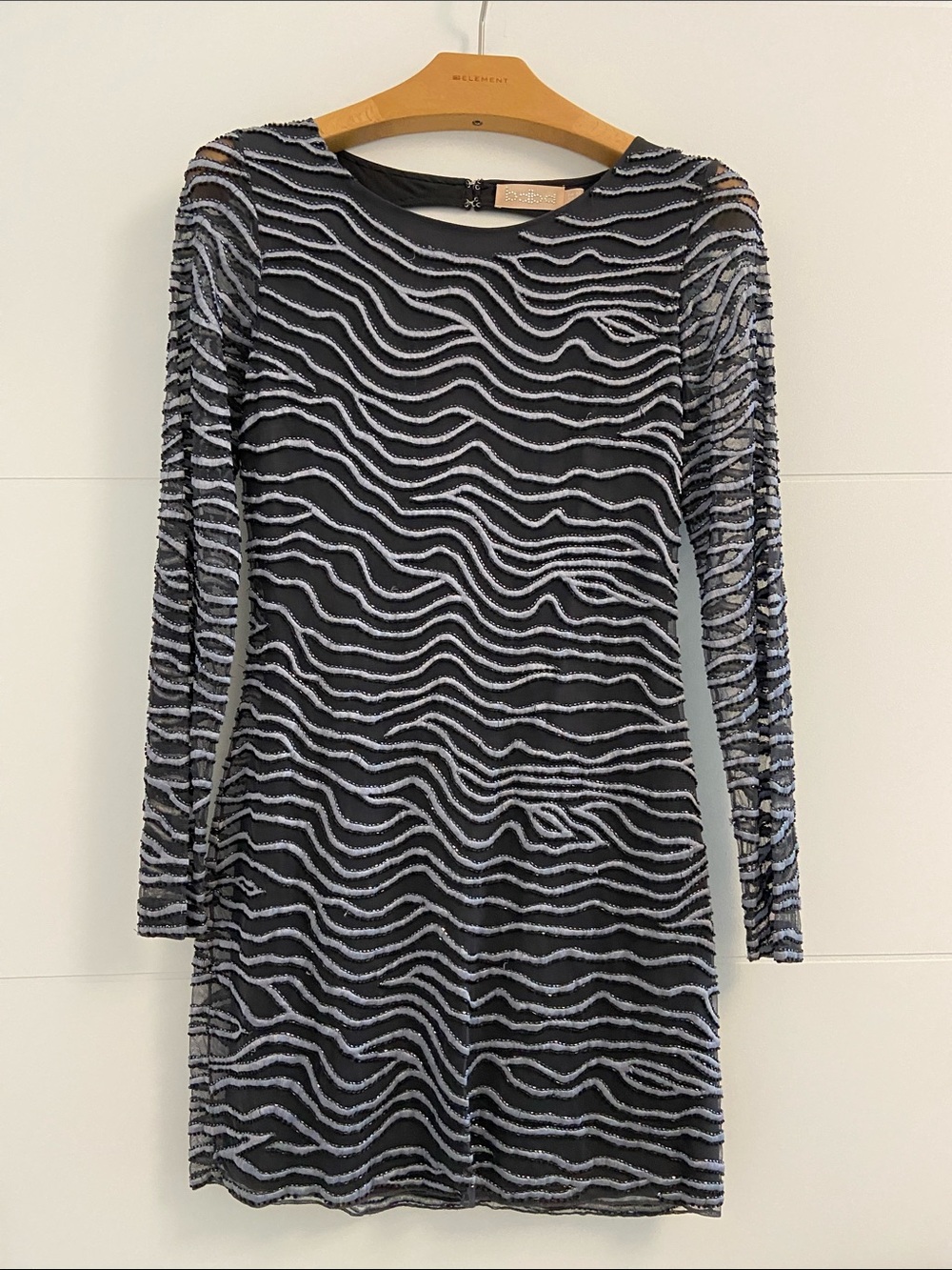 Black Long-Sleeve Sheer Wave-Pattern Dress